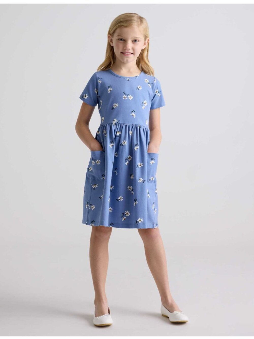 Quince Girls Organic Cotton Fit and Flare Pocket Dress in Daisy 7 NWT